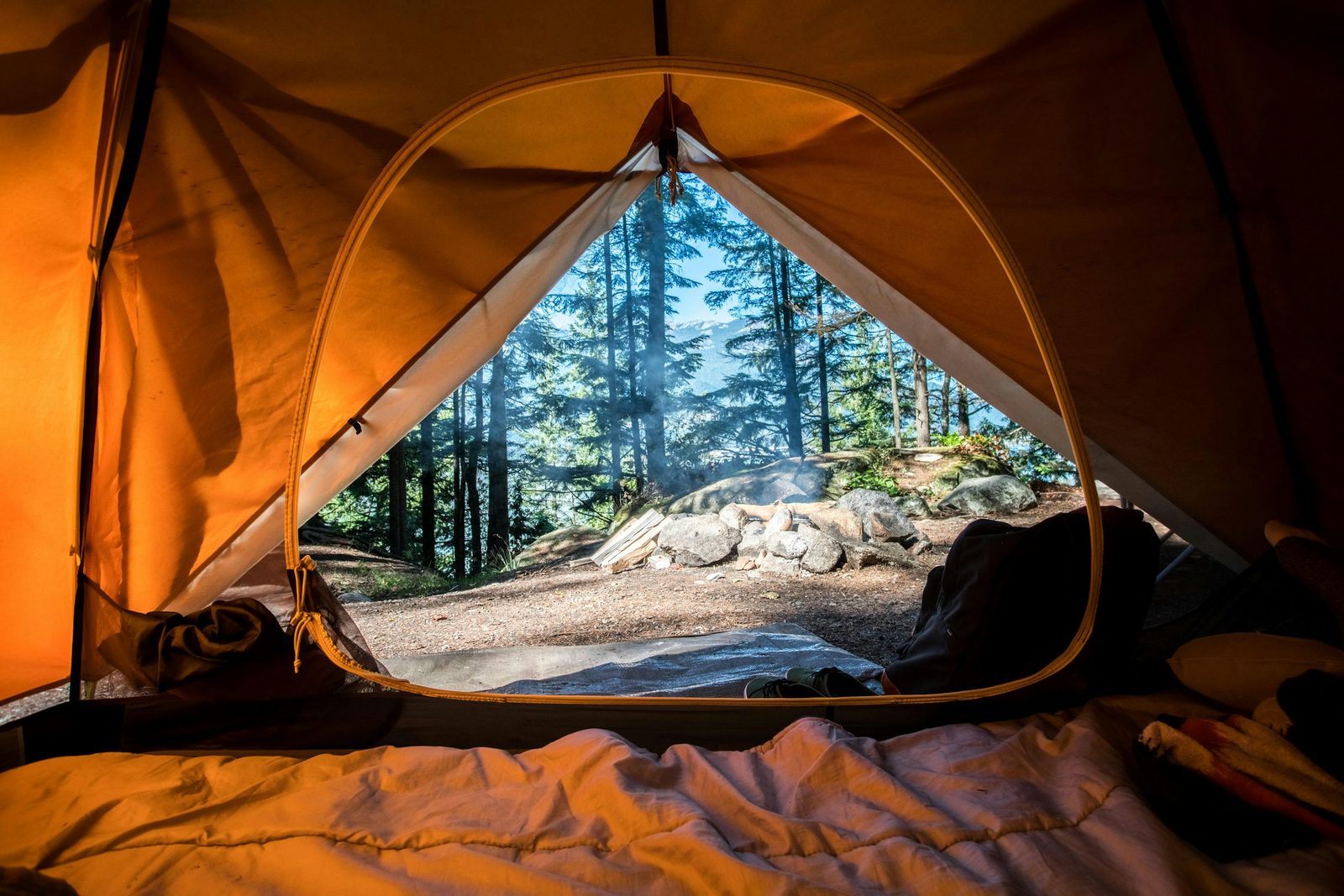 Fire Ring Campground. Looking out of a tent at the lake.