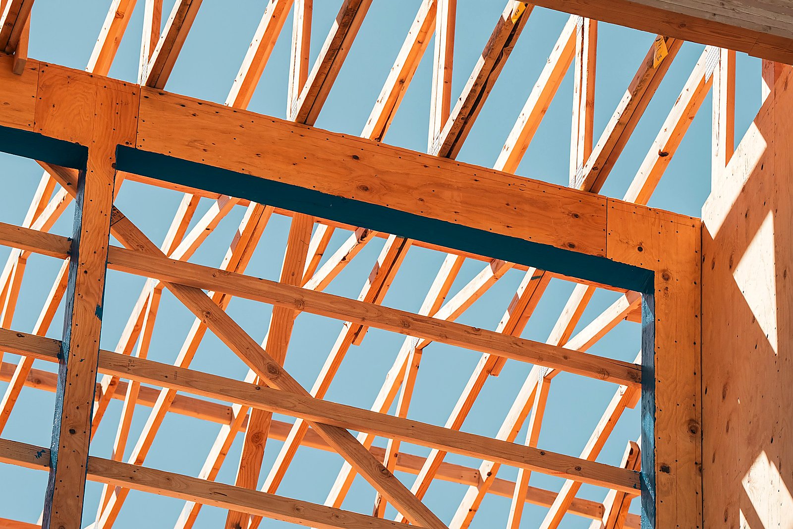 Fresh wooden house framing and roof trusses against a clear blue sky.
