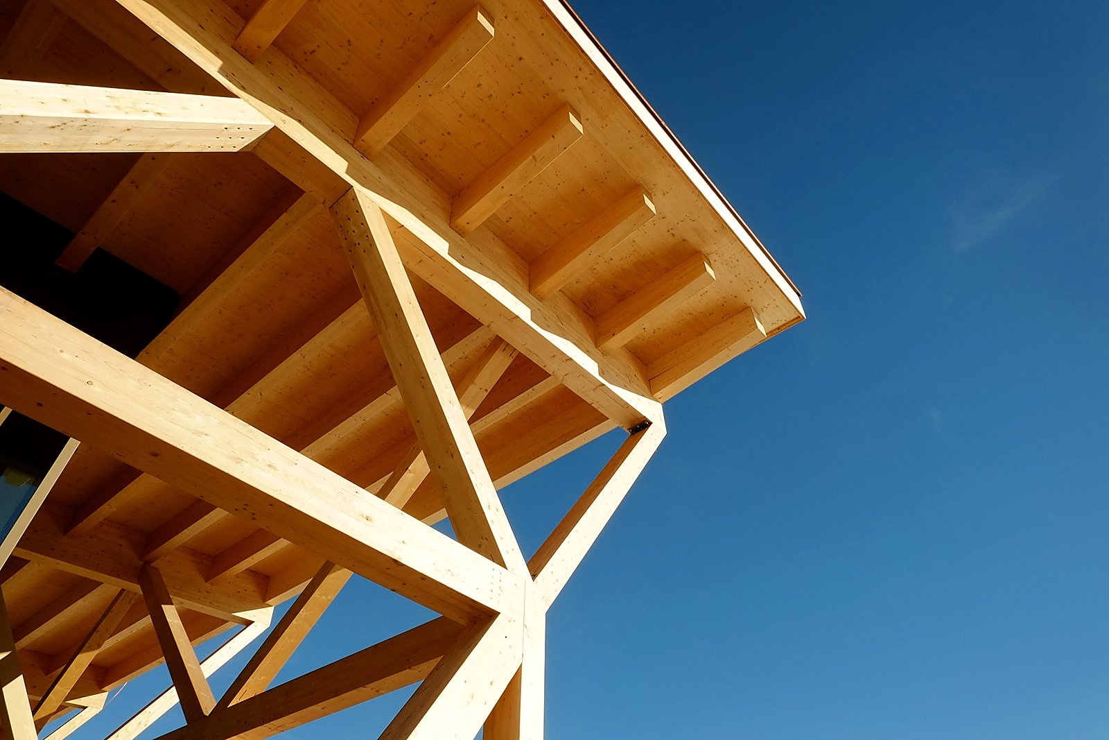 Close-up of post-and-beam timber framing against a vivid blue sky.